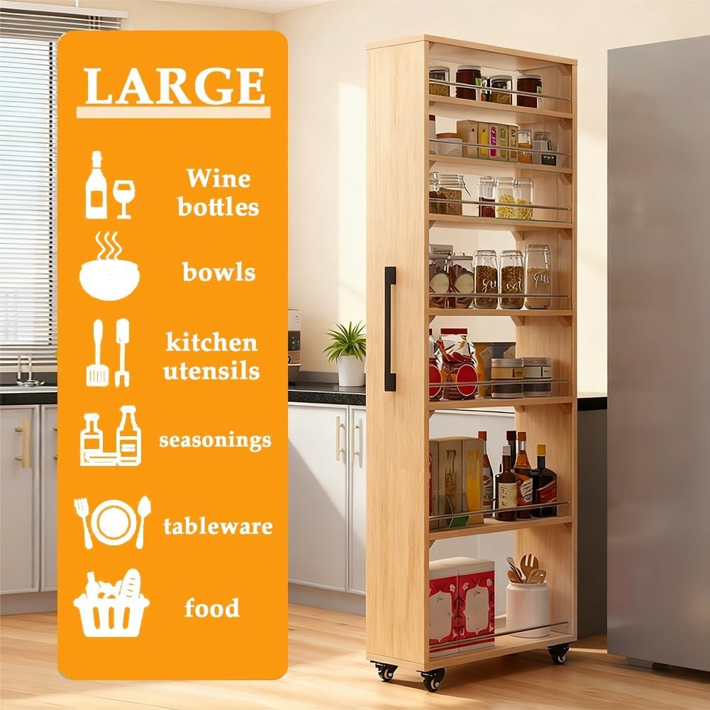 7-Tier Slim Storage Cart, Narrow Shelf Organizer, Wooden Rolling Pantry Cabinet with Wheels, for Kitchen, Bakers Rack, Dining Room, Closet(White,17.7' Dx9.8 Wx72.5 H)