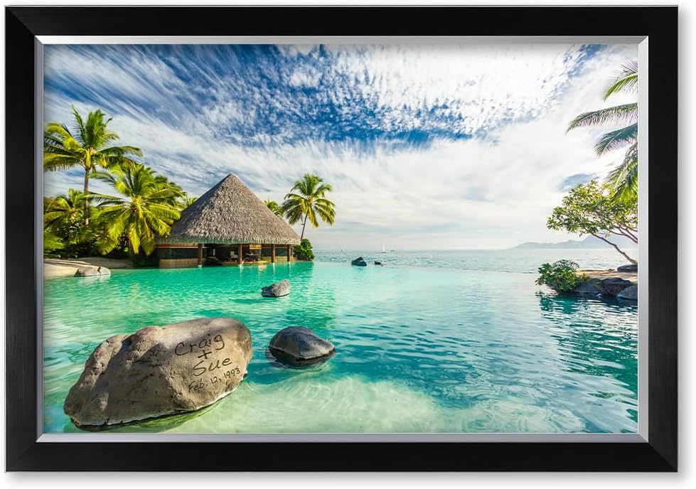 IPIC - 'Tropical Memories Personalized Framed Wall Art, Custom Beach Canvas Print with Name and Date on Rock, A Personalized Gift for Couple, Wedding, or Anniversary, Coastal Home Decor