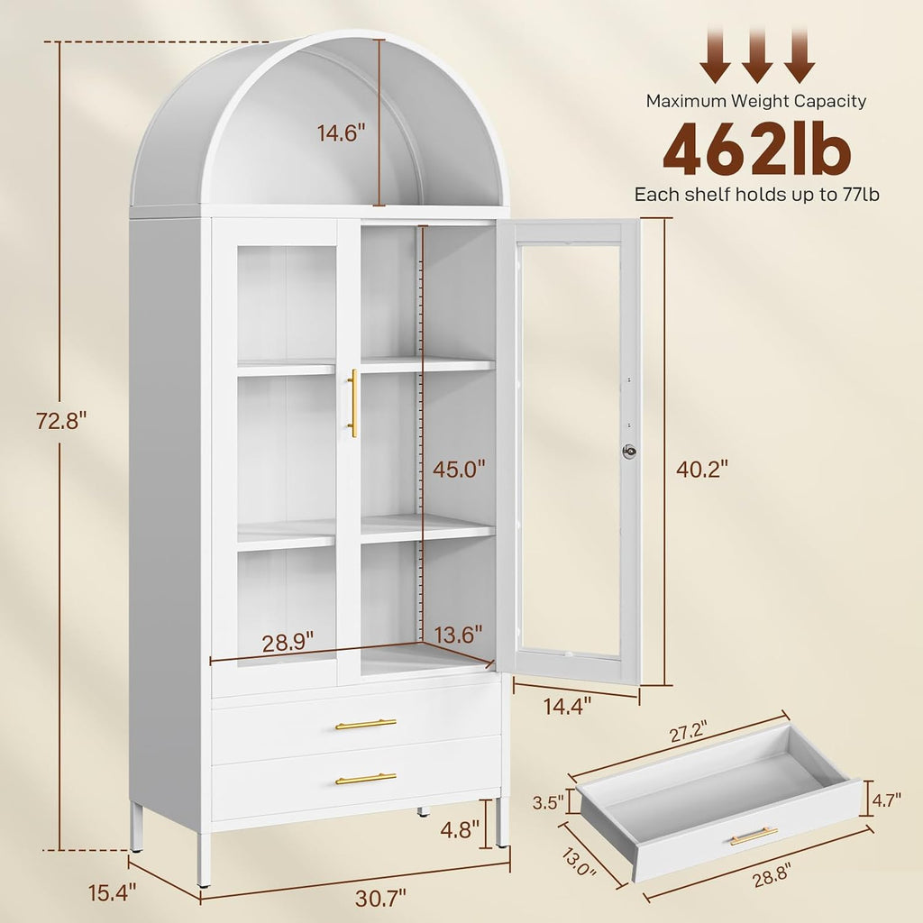 Holiwei Metal Storage Cabinet, 73' Arched Kitchen Pantry Organizer with 2 Drawers & 2 Adjustable Shelves, Freestanding Display Cabinet for Living Room
