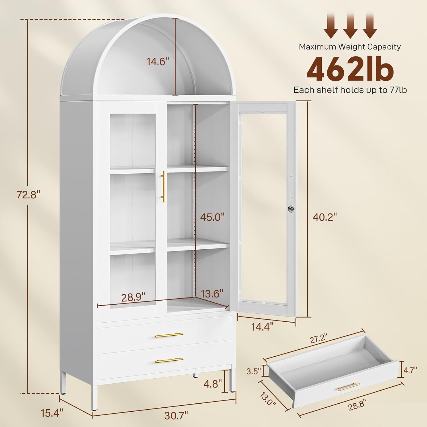 Holiwei Metal Storage Cabinet, 73' Arched Kitchen Pantry Organizer with 2 Drawers & 2 Adjustable Shelves, Freestanding Display Cabinet for Living Room