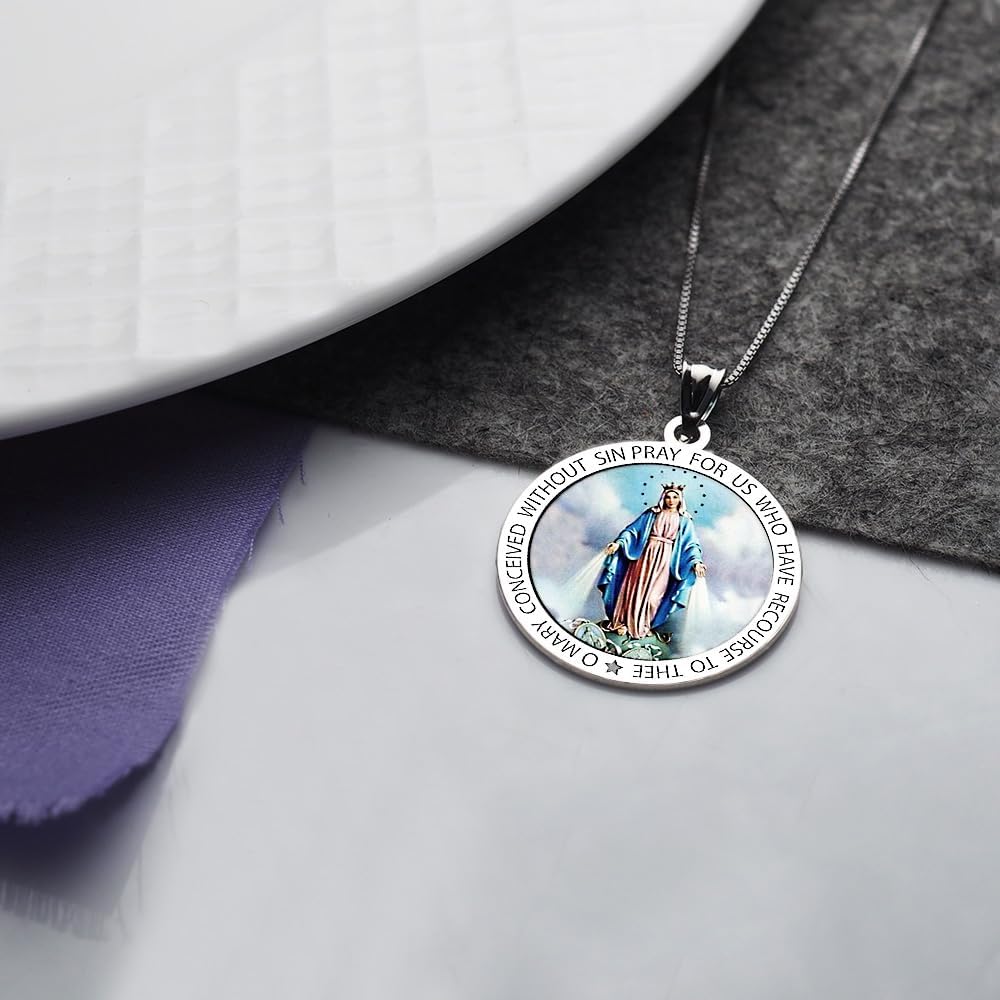 PicturesOnGold.com Miraculous Medal Necklace Catholic Virgin Mary Pendant Round Pendants for Women & Men Crafted in 10K/14K Yellow or White Gold & Sterling Silver Christian Gifts for Men & Women or First Communion Gifts for Boys or Girls