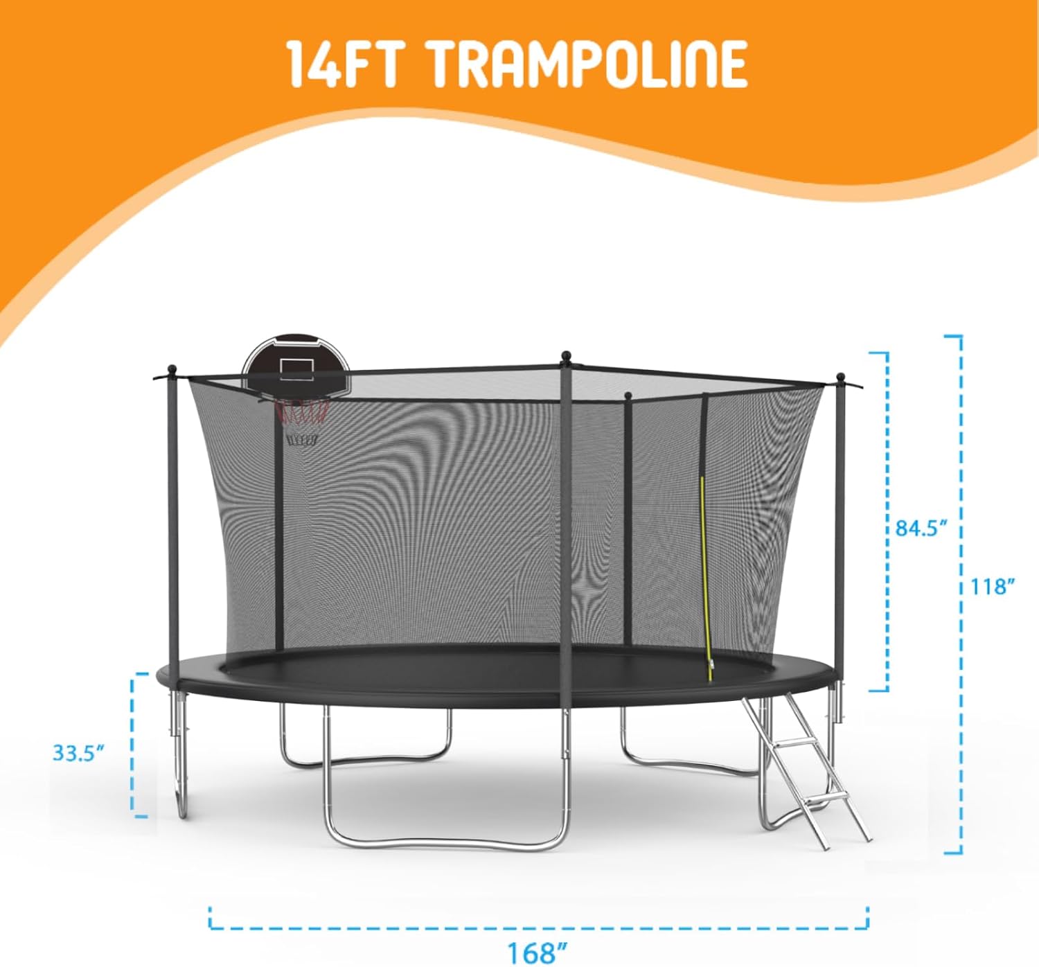 14FT Tranpoline for Kids with Safety Enclosure Net Recreational Round Tranpoline with Basketball Hoop ASTM Approval Backyard Outdoor Tranpoline with Spring Pad Cover & Ladder
