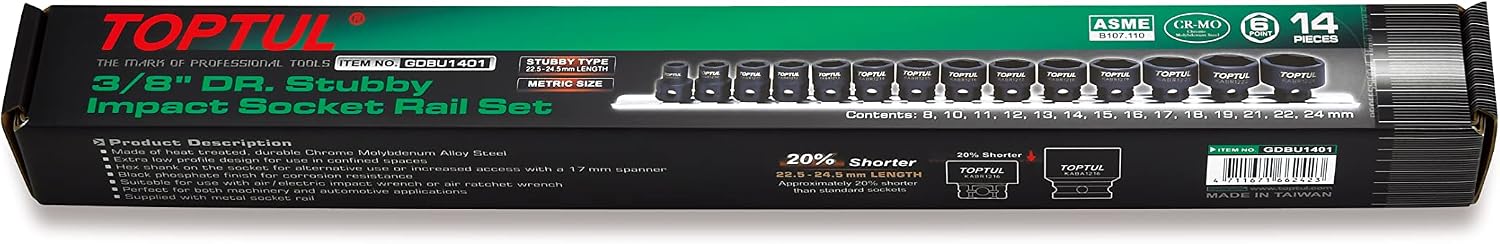 3/8 Drive Metric Stubby Impact 14 piece socket rail set