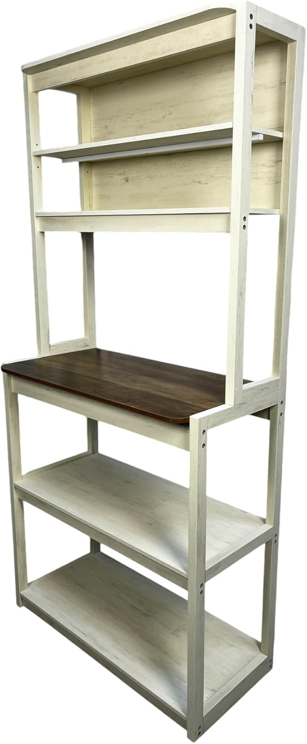 5-Tier Baker's Rack with Desk & Shelves Farmhouse Kitchen Storage Cabinet Coffee Bar Station Leaning Bookshelf Hutch Workstation Tall Shelf Office Living Room and Rustic Design White/Country Brown