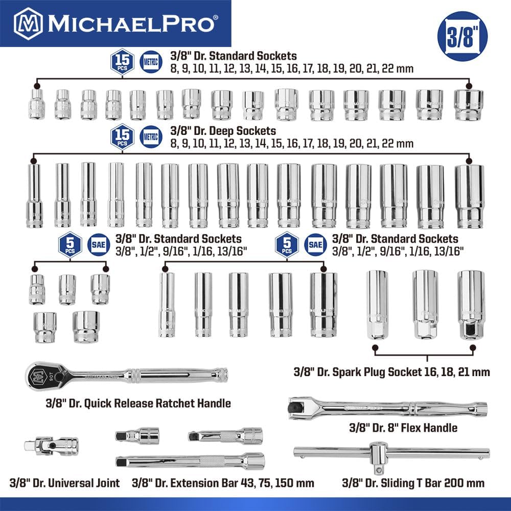 MichaelPro 50-Piece 3/8'' Dr. Socket Set, 90-Tooth Standard & Deep Sockets, SAE 3/8''- 13/16'' & Metric 8-22mm, with Extensions, 8'' Flex Handle, Sliding T-Bar, Universal Joint, CR-V Steel | MP005060