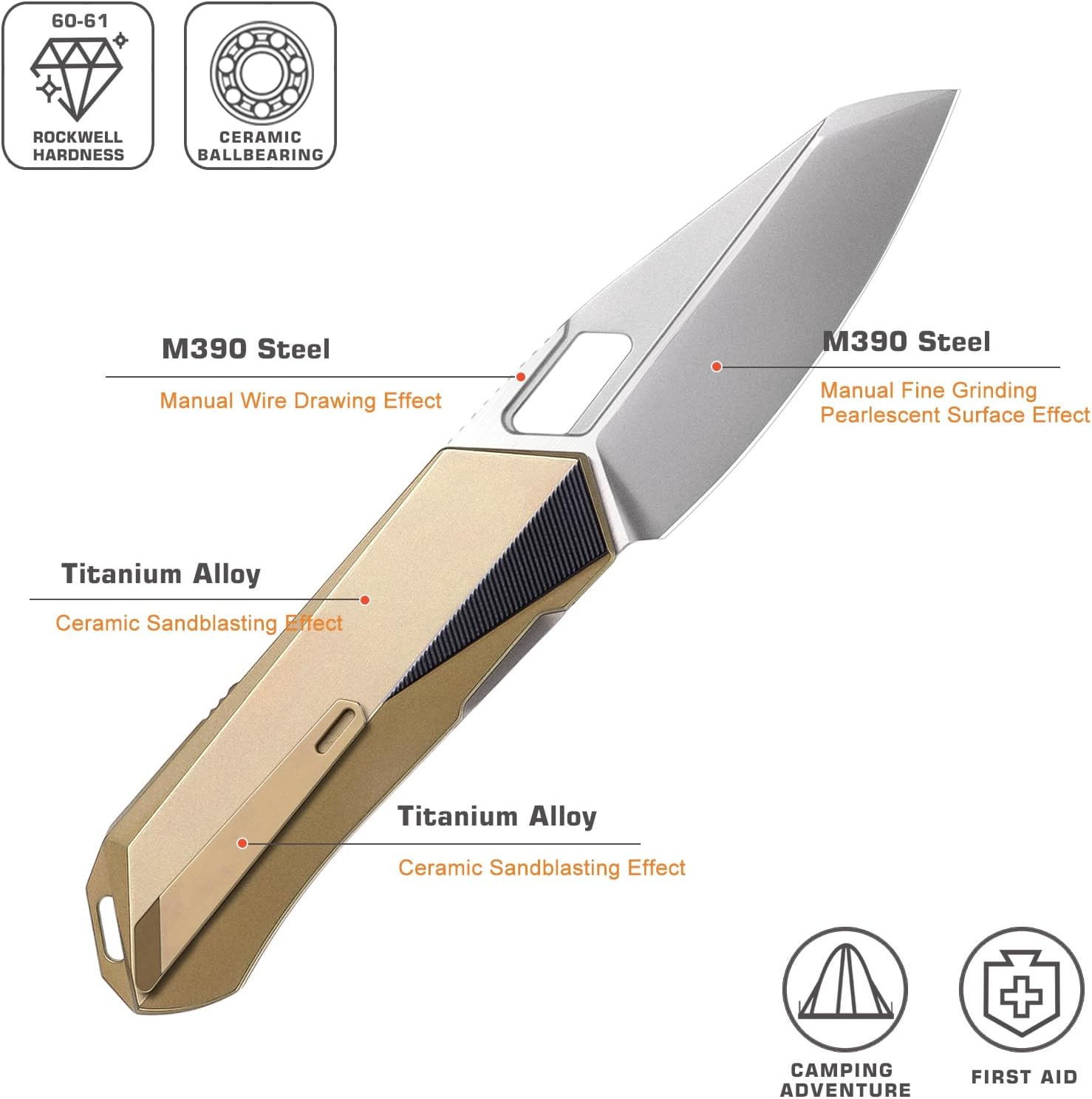 REMETTE RT-Woodpecker Folding Pocket Knife M390 Blade Titanium Handle (Gold)