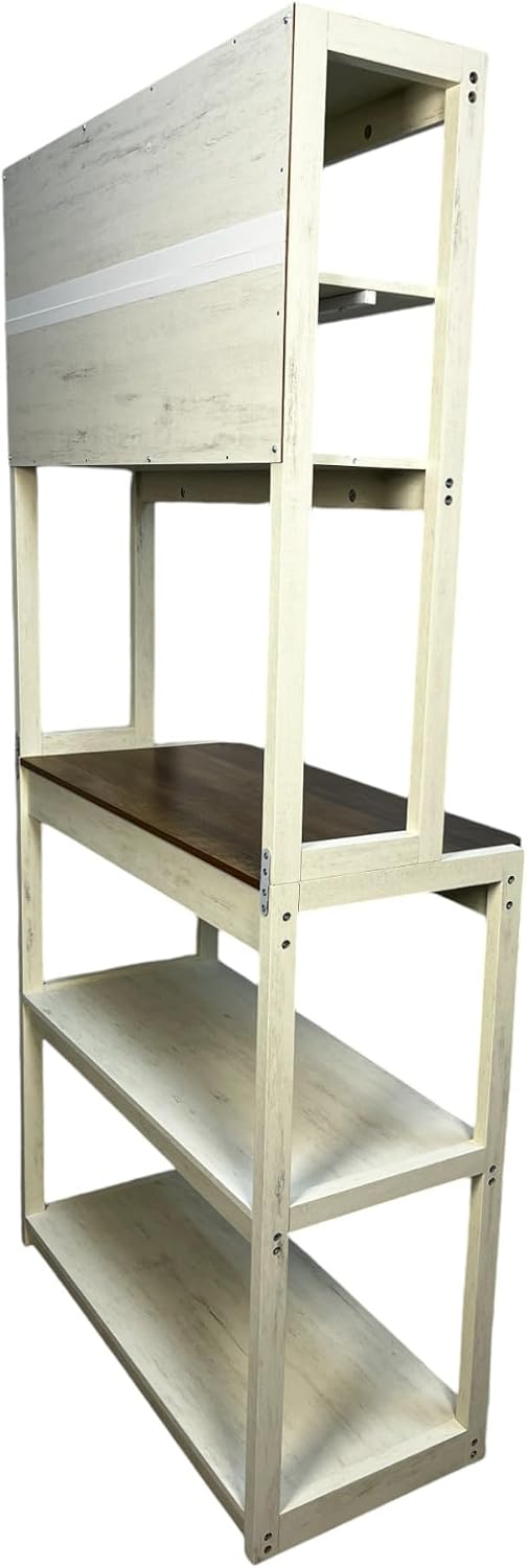 5-Tier Baker's Rack with Desk & Shelves Farmhouse Kitchen Storage Cabinet Coffee Bar Station Leaning Bookshelf Hutch Workstation Tall Shelf Office Living Room and Rustic Design White/Country Brown