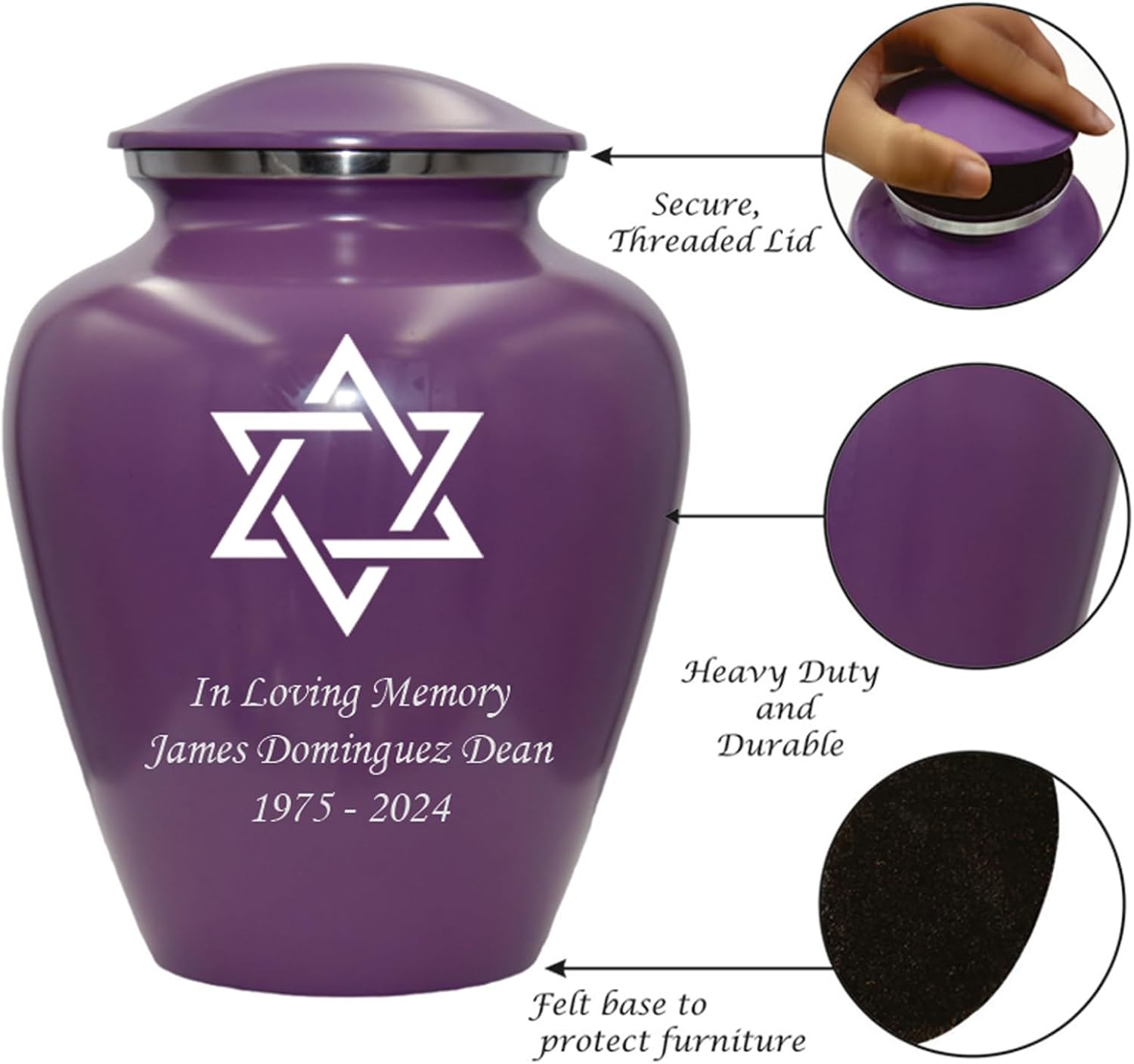 Star of David Blue Cremation Urn for Human Ashes, Jewish Cremation Urn, Religious Ash Urns with Personalized Engraving (Purple)