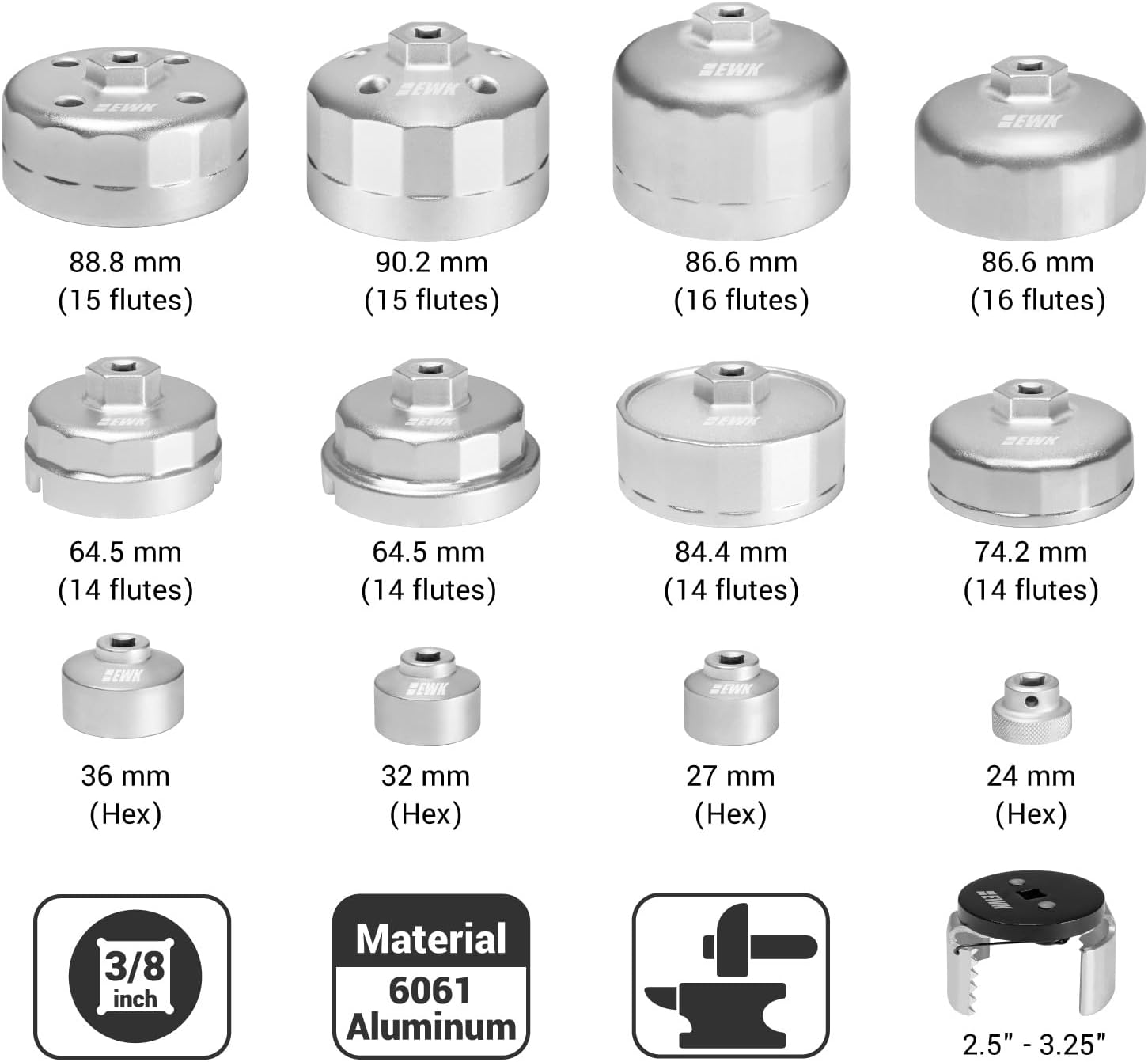 EWK 13 Pcs Forged Oil Filter Wrench Set (24–90mm), Aluminum Cup Tool Kit with Adjustable Wrench & Case, Fits Toyota, Ford, Mercedes, BMW, Audi, VW, Volvo, Chevrolet, Buick, GMC, RAM, Chrysler & More