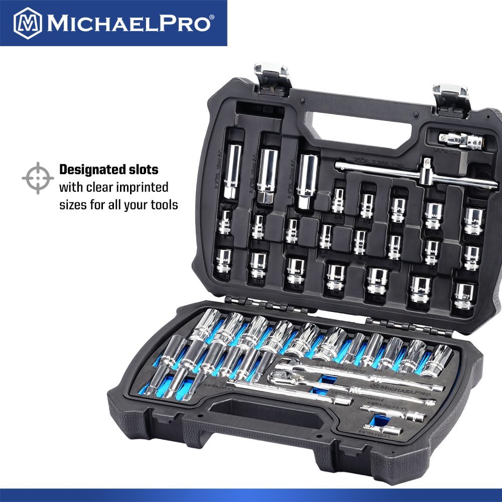 MichaelPro 50-Piece 3/8'' Dr. Socket Set, 90-Tooth Standard & Deep Sockets, SAE 3/8''- 13/16'' & Metric 8-22mm, with Extensions, 8'' Flex Handle, Sliding T-Bar, Universal Joint, CR-V Steel | MP005060