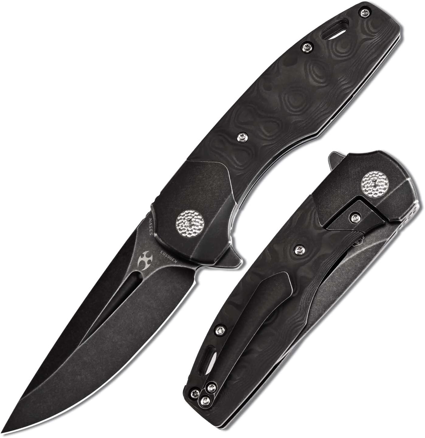 KANSEPT Cassowary Pocket Folding Knives for Men EDC Pocket Knife 2.9'' Black Stonewashed CPM S35VN Blade Folding Knife with Black Stonewashed Titanium Black Rose Pattern Carbon Fiber Handle K2065B3