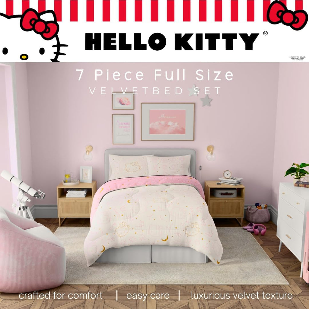 Lux Hello Kitty Velvet Bedding 7 Piece Super Soft Cozy Reversible Comforter and Sheet Set with Sham & Tote Bag, Full, (Officially Licensed Product) By Franco