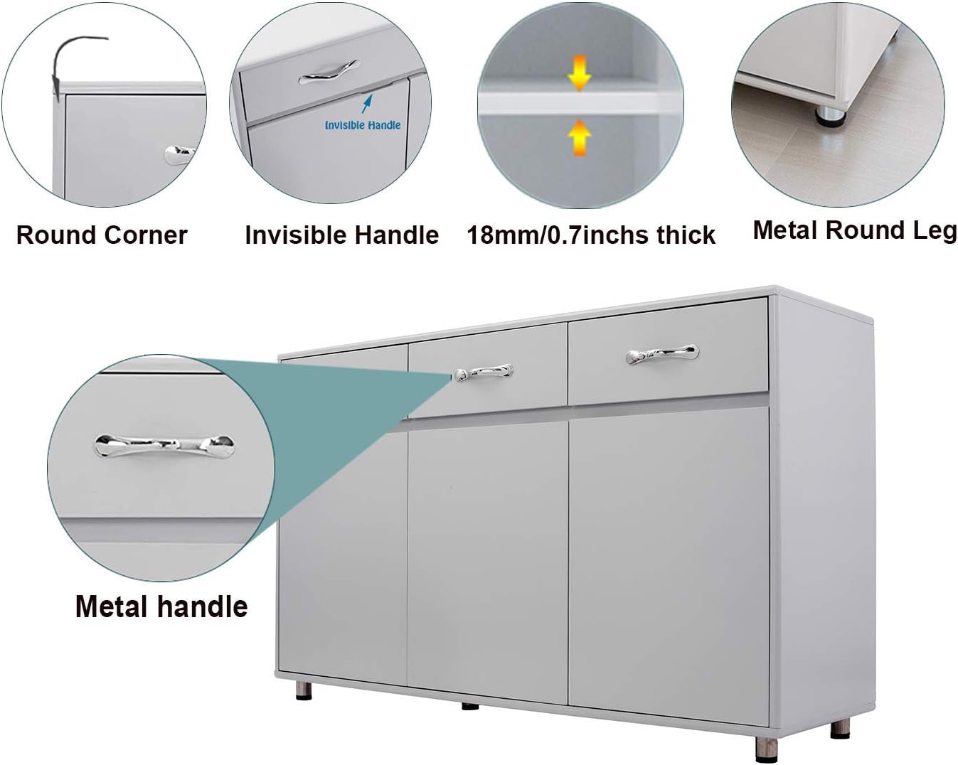 RASOO Buffet Kitchen Cabinet Storage Sideboard Cabinet Cupboard Sideboard Buffet Kitchen Room (Grey-3 Doors and 3 Drawers)