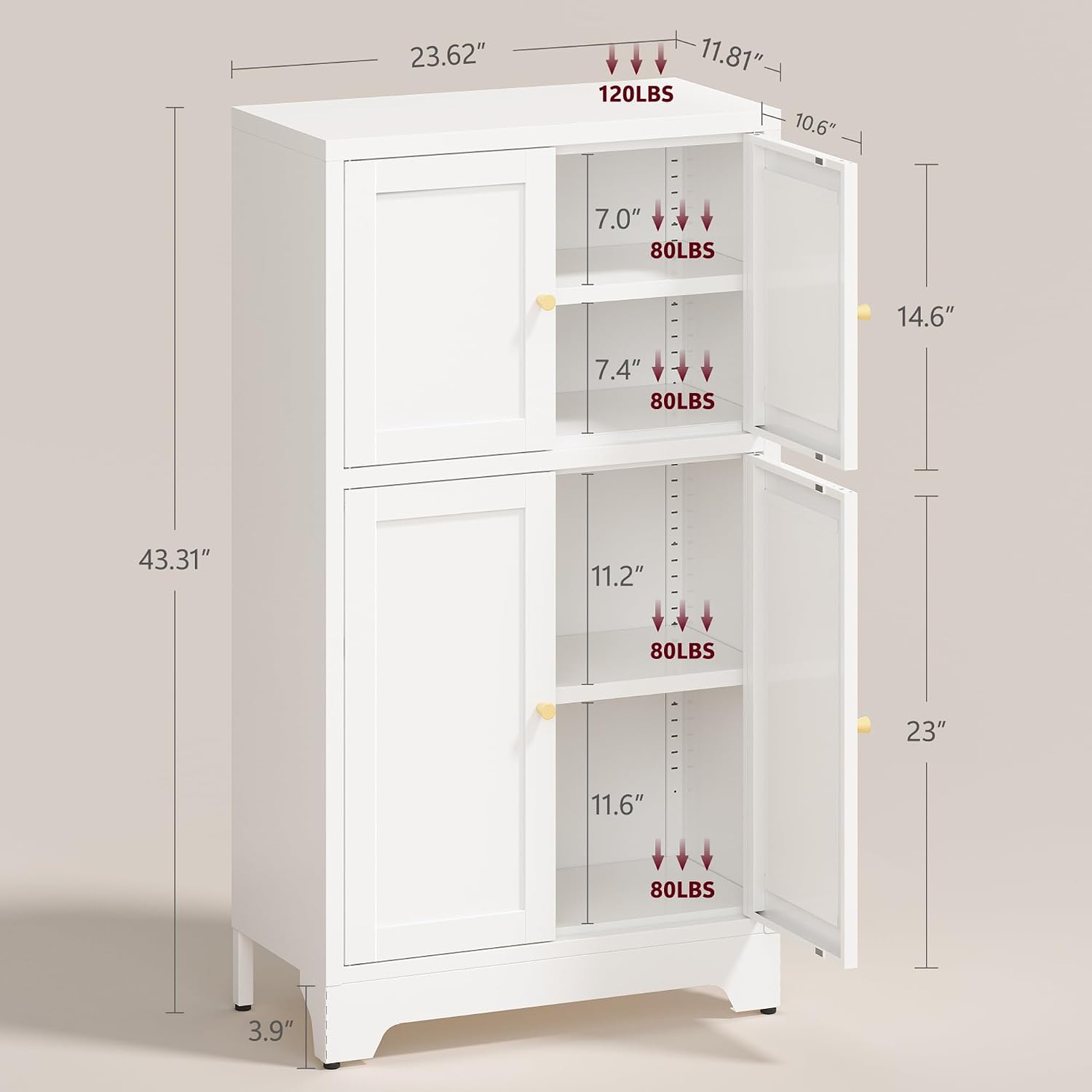 43' H Small Storage Cabinets,Metal White Pantry Cabinets with Doors,Food Pantry Cabinet with 4 Doors and Shelves for Kitchen Dining Room