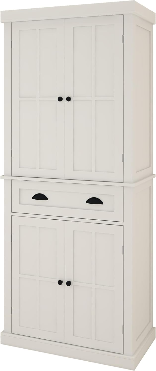 72' 4-Door Freestanding Storage Cabinet, Kitchen Storage Bakers Rack with Carved Design, Utility Food Cupboard with Adjustable Shelf for Kitchen Dining Laundry Room, White