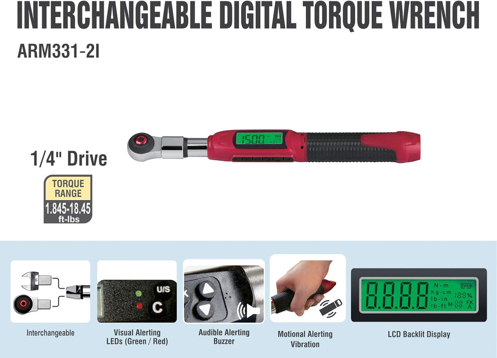 ACDelco ARM331-2i 1/4' Heavy Duty Interchangeable Digital Torque Wrench with Buzzer and LED Flash Notification - ISO 6789 Standards with Certificate of Calibration
