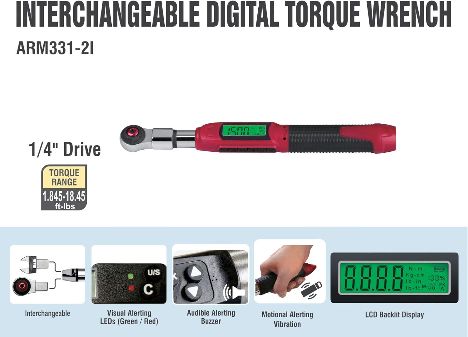ACDelco ARM331-2i 1/4' Heavy Duty Interchangeable Digital Torque Wrench with Buzzer and LED Flash Notification - ISO 6789 Standards with Certificate of Calibration