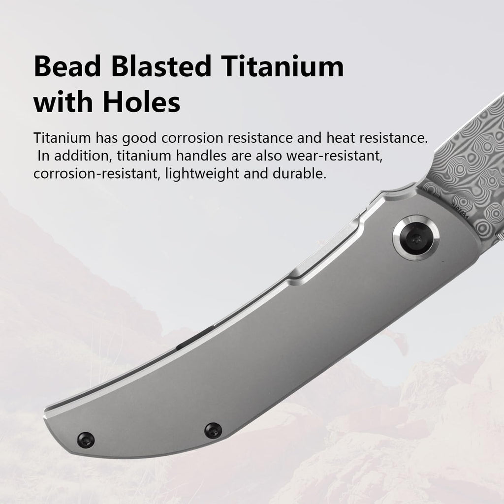 KANSEPT Tarkin Camping Pocket Knives for Men 7.87in Folding Pocket Knives with 3.42in Damascus Material and Bead Blasted Titanium Handle for Outdoor, Tactical, Survival K1078A4