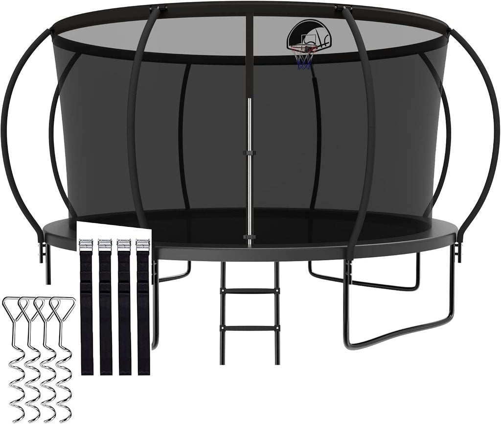 1500LBS Capacity No-Gap Design 8 10 12 14 15 16 FT Recreational Jumper with Enclosure Net, Wind Stakes & Basketball Hoop, ASTM Approved, Perfect for Kids & Adults Family Outdoor Backyard Fun