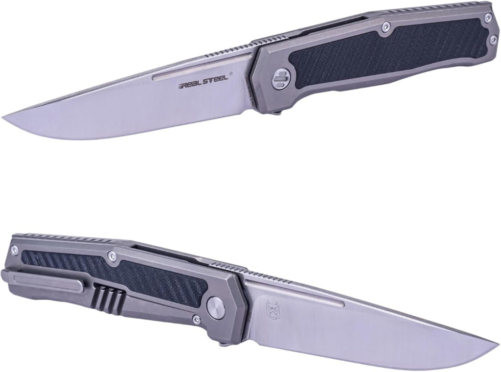 REALSTEEL Knives Rokot Premium Frame Lock Flipper Knife (S35VN Satin Drop Point Blade) Titanium TC-4 Handle with Black G10 Inlays