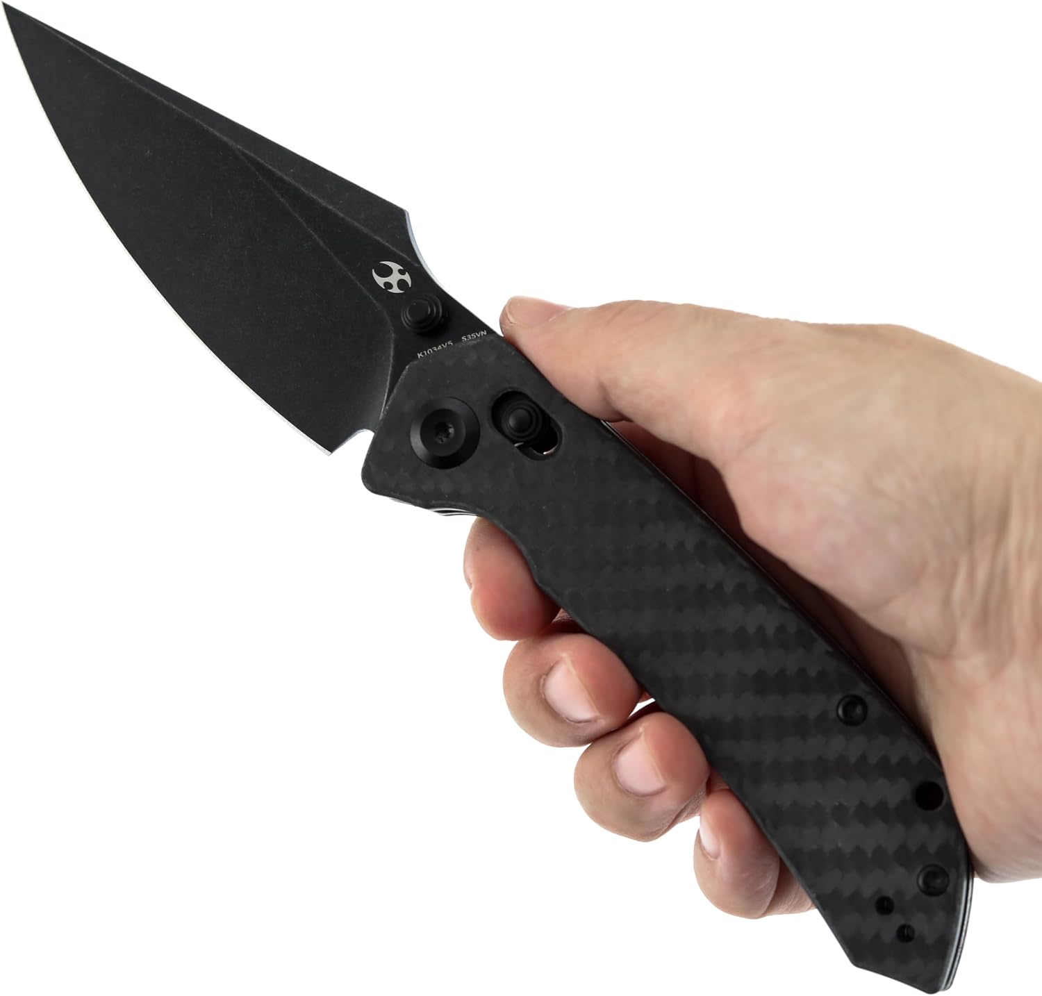 KANSEPT Fenrir Pocket Knife, 3.48'' Black Stonewashed CPM S35VN Harpoon Blade, Twil Carbon Fiber Handle with Crossbar Lock, Thumb Stud PocketClip for Edc,Camping Survival Hiking Folding Knives K1034V5