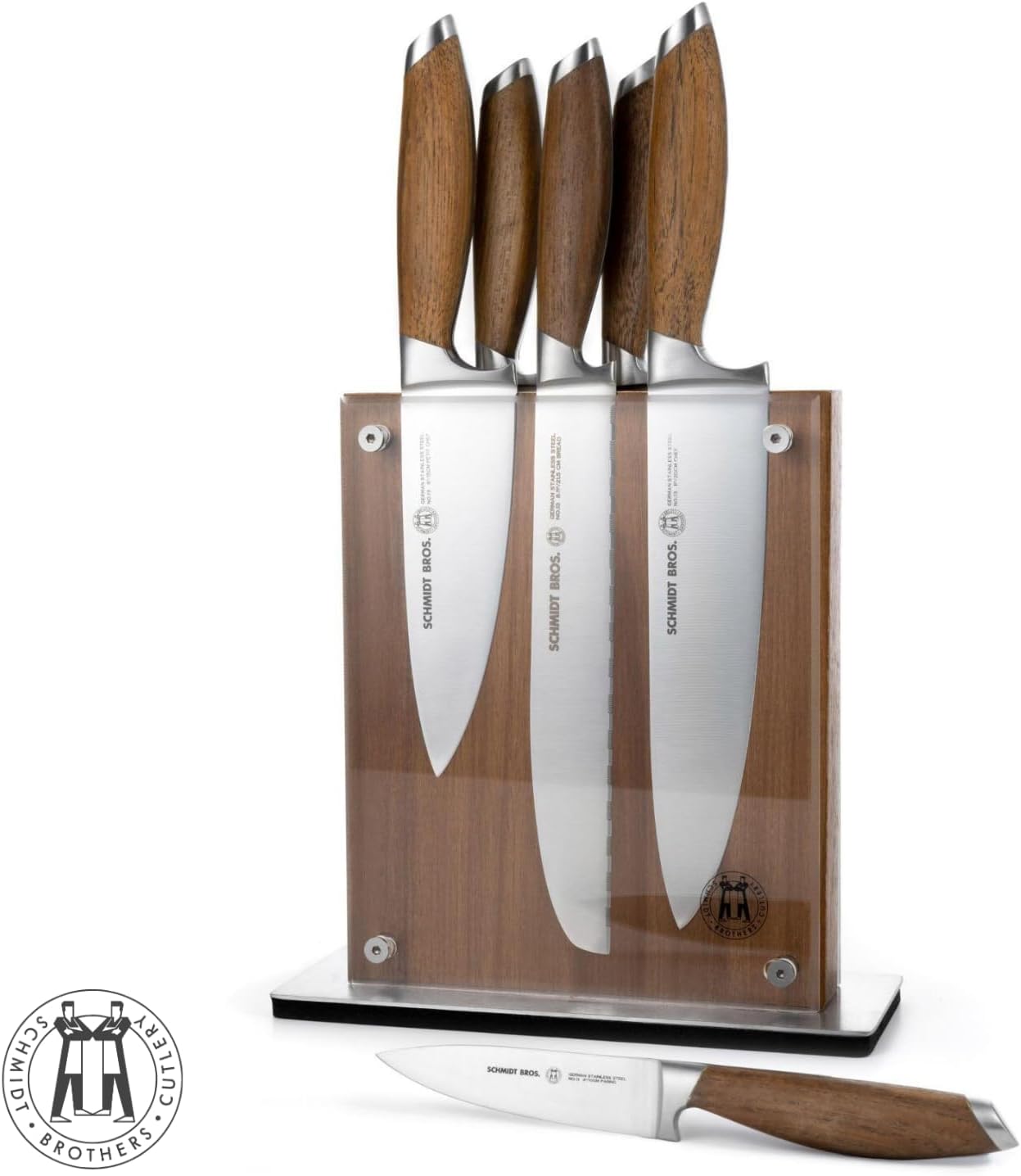 Schmidt Brothers - Bonded Teak, 7-Piece Knife Set, High-Carbon Stainless Steel Cutlery with Midtown Acacia and Acrylic Magnetic Knife Block
