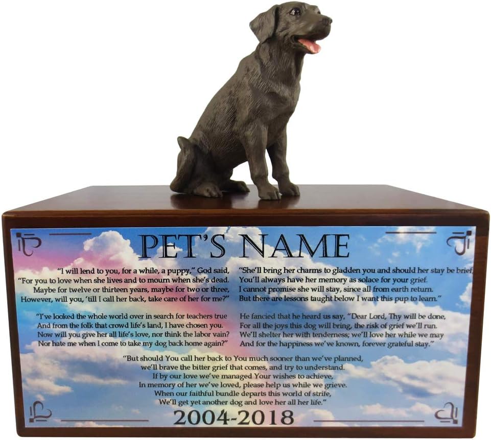 Wooden Pet Urns for Dogs with Chocolate Labrador Figurine & Poem Lend Me A Puppy | Personalized Dog Memorial Urn for Ashes | Medium Paulownia Pet Urn for Lab | Pet Memorial | Conversation Concepts
