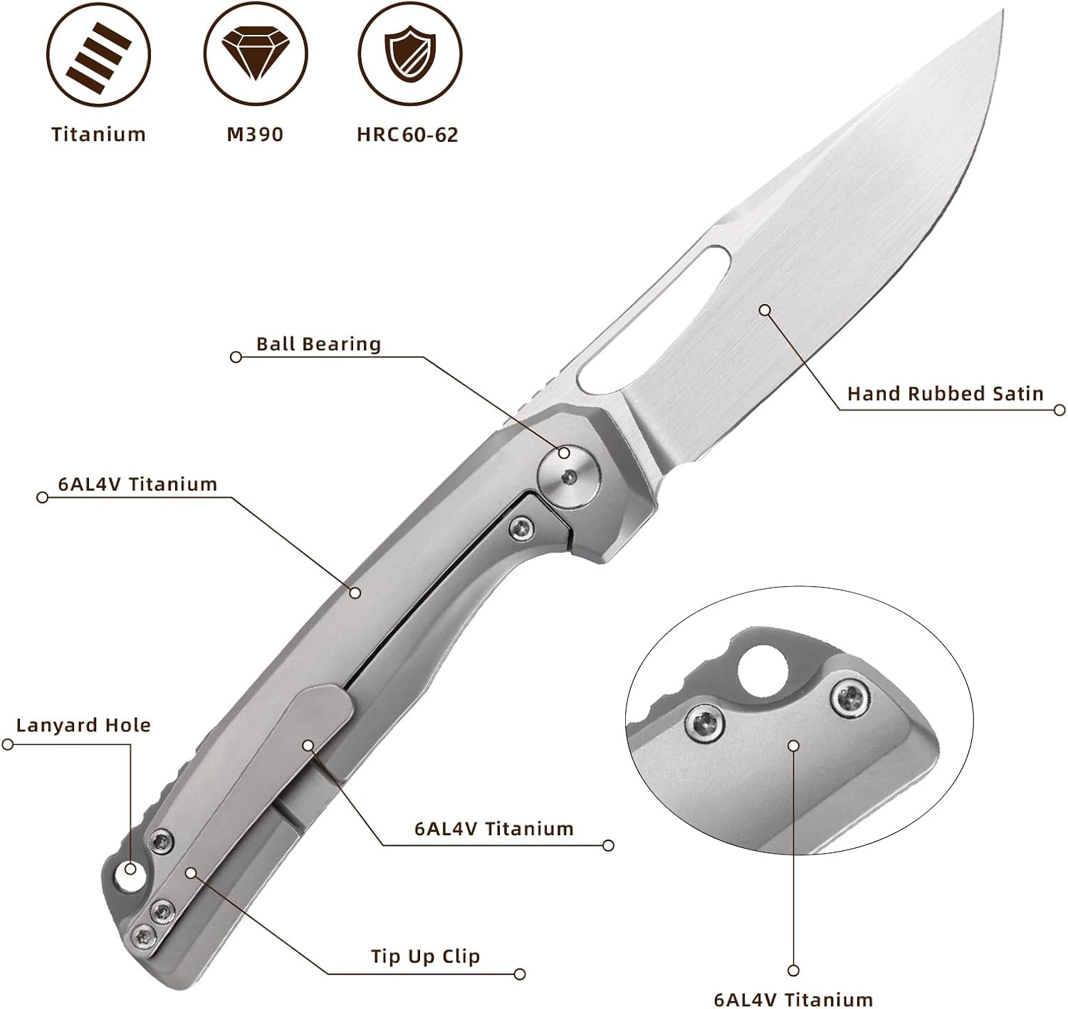 Pocket Knife, 3.5' M390 Blade Folding Knife Hunting Knife with Titanium Handle and Pocket Clip, EDC Knives for Hunting Camping Survival Outdoor Fishing Hiking（Grey）