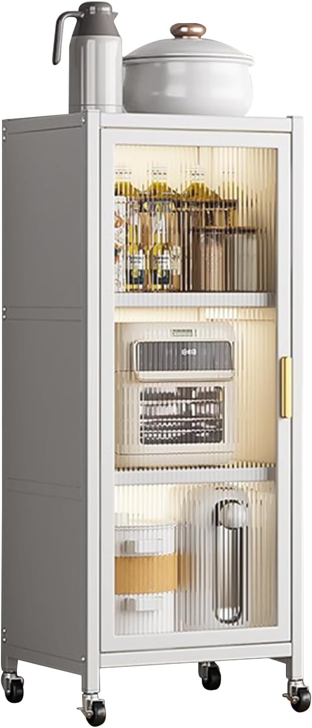 Free Standing Kitchen Bakers Rack, 3/4 Tier Microwave Stand with Transparent Door, Movable Pantry Storage Cabinet, Dining Room Living Room Shelves(L 17.7' x W 15.7' x H 45.5', White-3 Tier)