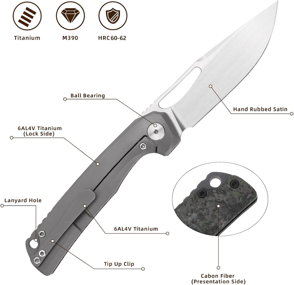 Pocket Knife, 3.5' M390 Blade Folding Knife Hunting Knife Survival Knife with Pocket Clip, EDC Knives for Hunting Camping Survival Outdoor Fishing Hiking (Black&Grey)