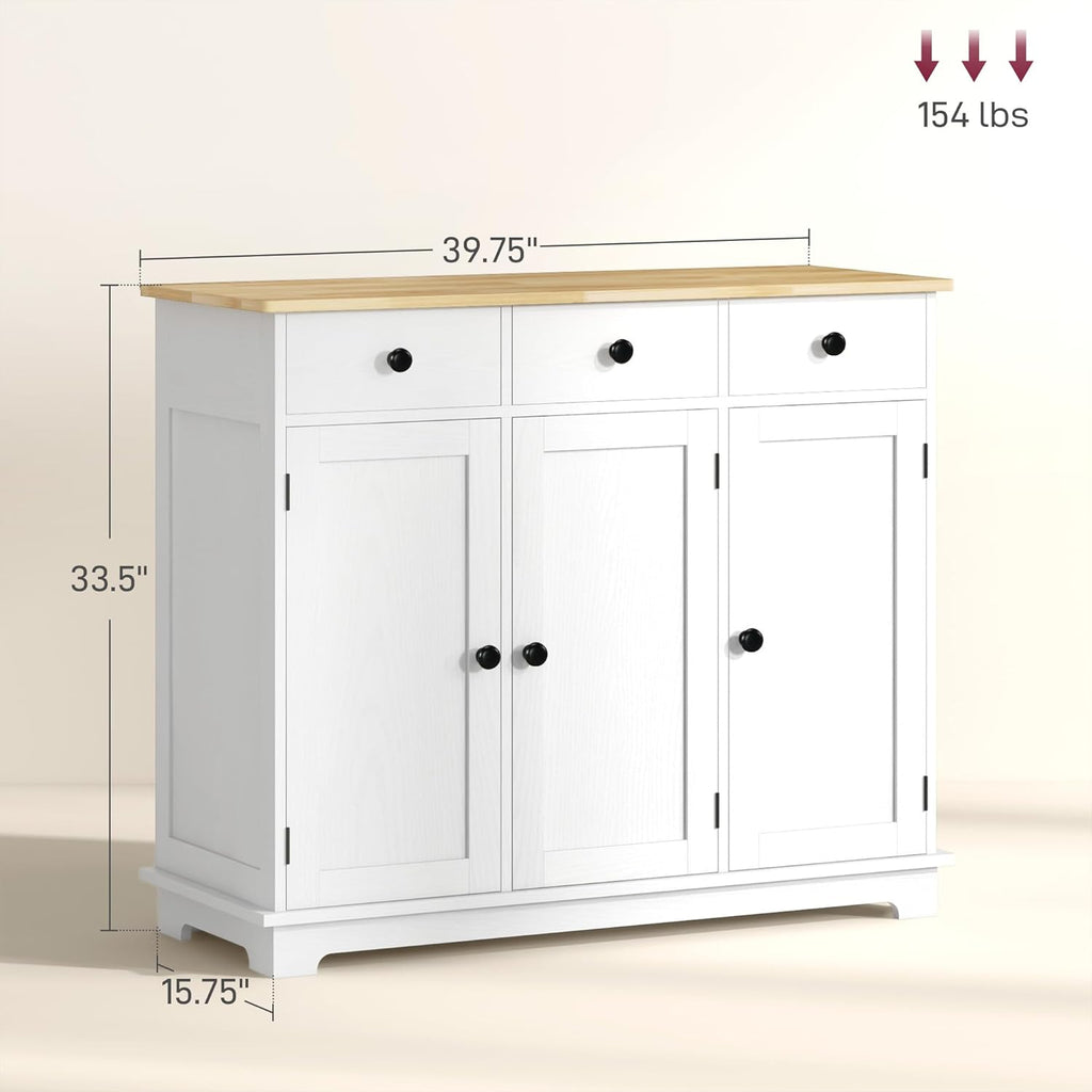 HOMCOM Sideboard Buffet Cabinet with Solid Wood Countertop, Modern Kitchen Storage Cabinet, Coffee Bar Cabinet with 3 Drawers, Doors and Adjustable Shelf, Distressed White