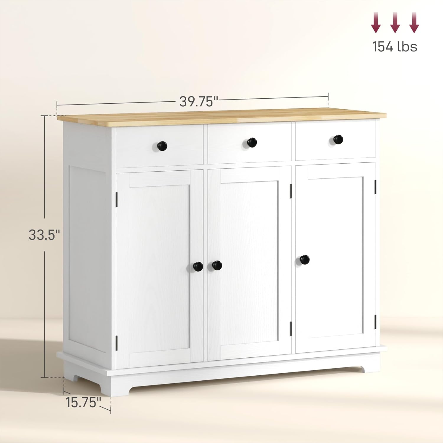 HOMCOM Sideboard Buffet Cabinet with Solid Wood Countertop, Modern Kitchen Storage Cabinet, Coffee Bar Cabinet with 3 Drawers, Doors and Adjustable Shelf, Distressed White