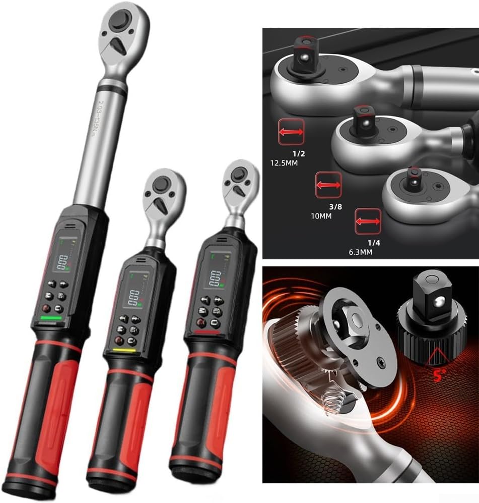 Digital torque wrench 1/4 3/8 1/2 inch with vibration buzzer LED overload protection 9 preset modes unit switching quick release ratchet head (10mm 2.02-135N.m)
