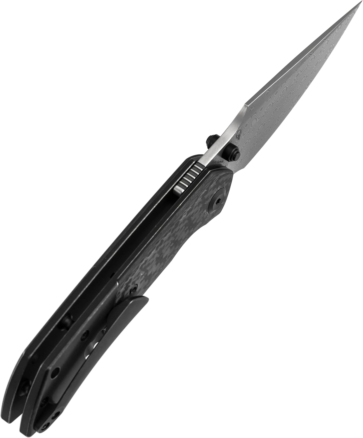 KANSEPT Fenrir Pocket Knife, 3.48' Damascus Blade with Twill Carbon Fiber Handle, Liner Lock and Thumb Stud, Lightweight EDC Tool for Camping, Outdoor Use and Everyday Carry, Gift for Men K1034D1