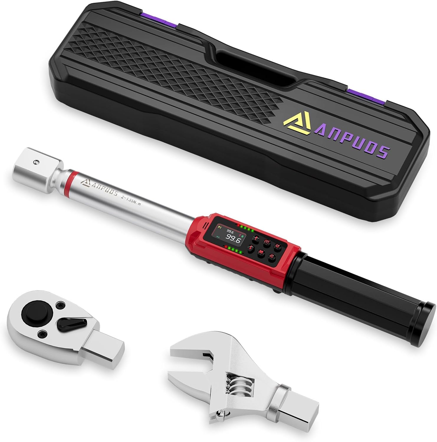 ANPUDS Adjustable Digital Torque Wrench, 1.5-99.6 Ft.lb, ±1% Accuracy | 2-135Nm, 45mm Jaw & 1/2' Ratchet, 14×18mm Open End, Vibration, Buzzer, LED Indicator for HVAC, Split AC, Motorcycle, Plumbing