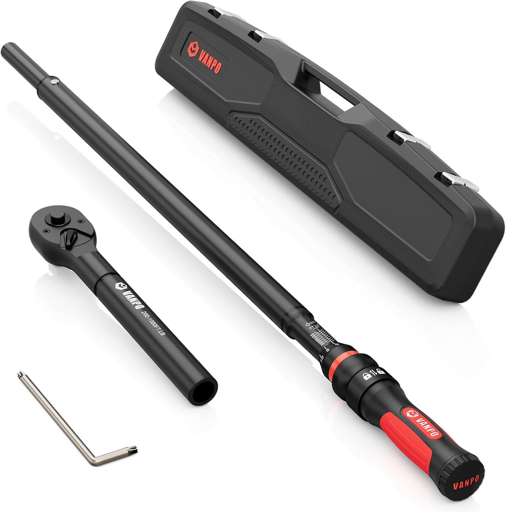 VANPO Torque Wrench 1 Inch Drive 200–1000 Ft-Lb Industrial Heavy Duty Click Type for Mining, Oilfield & Structural Work – TPR+ABS Handle, ±3% Accuracy, 24-Tooth Ratchet, 48' Long Handle with Case