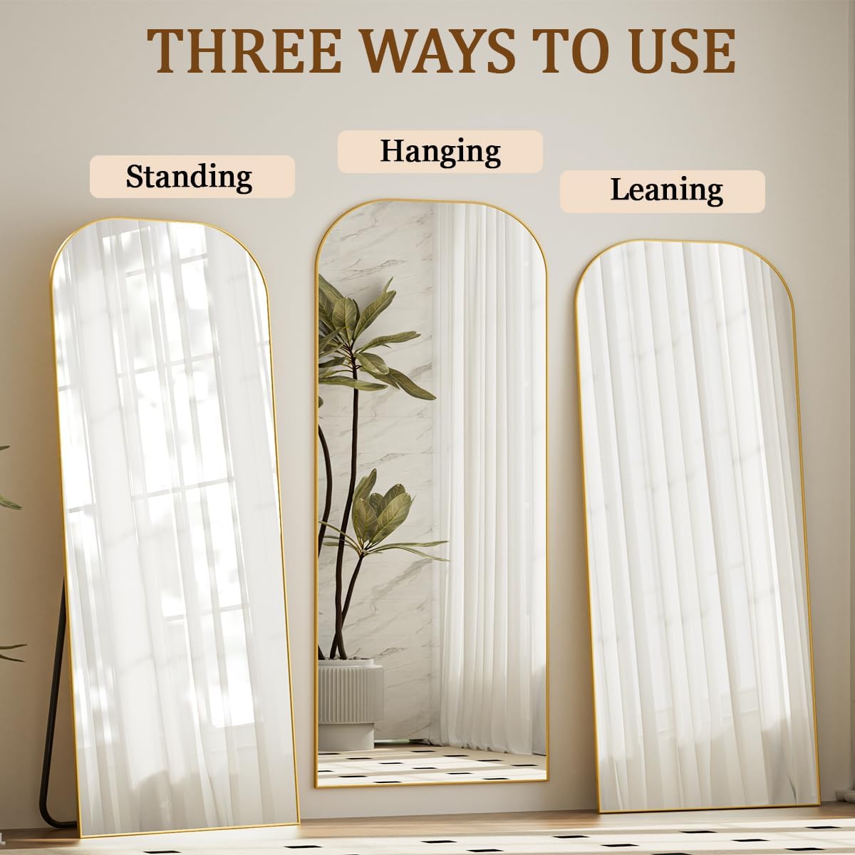 Koonmi Full Length Mirror, 71'x26' Mirror Full Length with Stand, Gold Domed Top Square-Edged Floor Mirror with Aluminum Alloy Frame for Bedroom Living Room