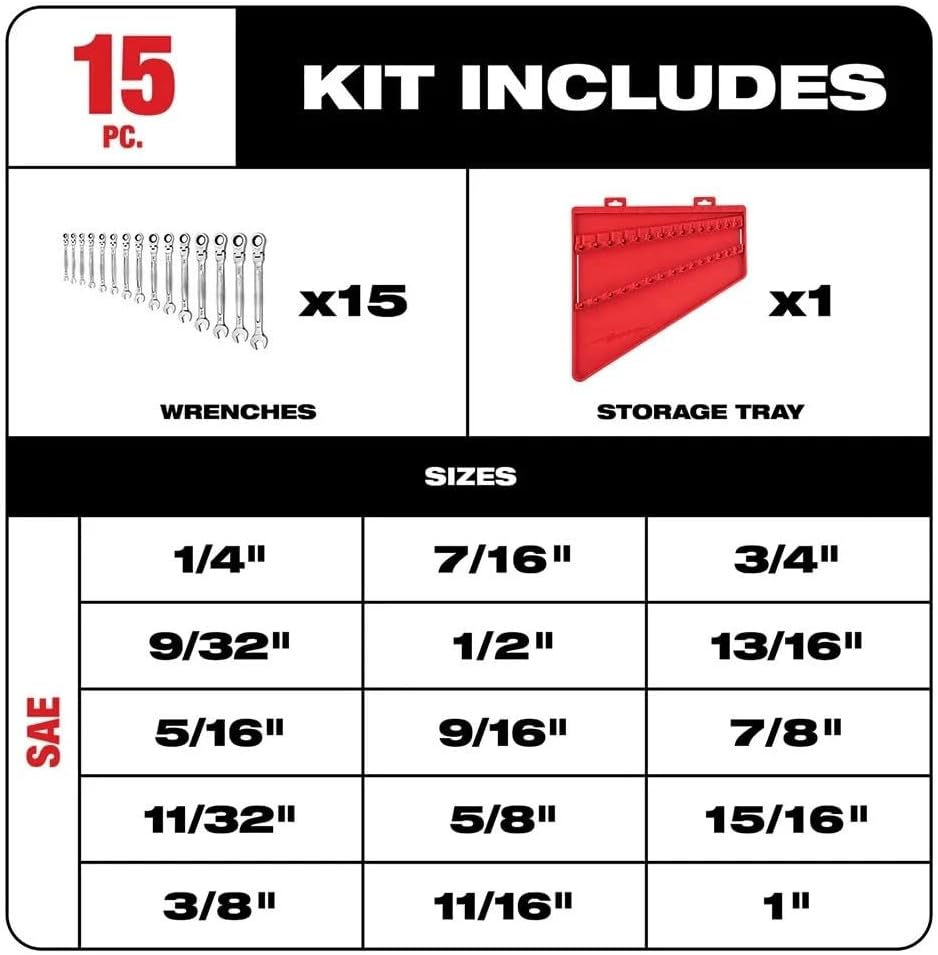 15PC 48-22-9413 for Milwaukee Flex Head Ratcheting SAE Combination Wrench Set - Red/New