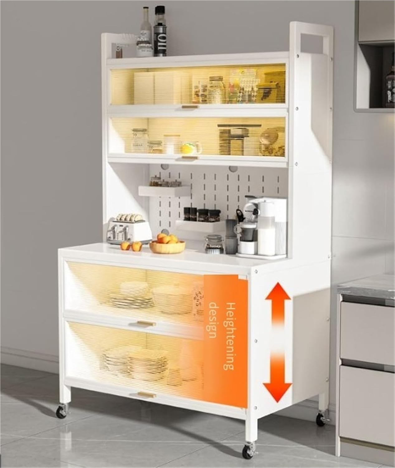 Storage Cabinet Kitchen Pantry Shelf Microwave 6-Tier Stand with Storage with Flip Door and Wheels Metal Sideboard Baker's Rack Coffee Pub for Spices Pots Pans,White 80cm