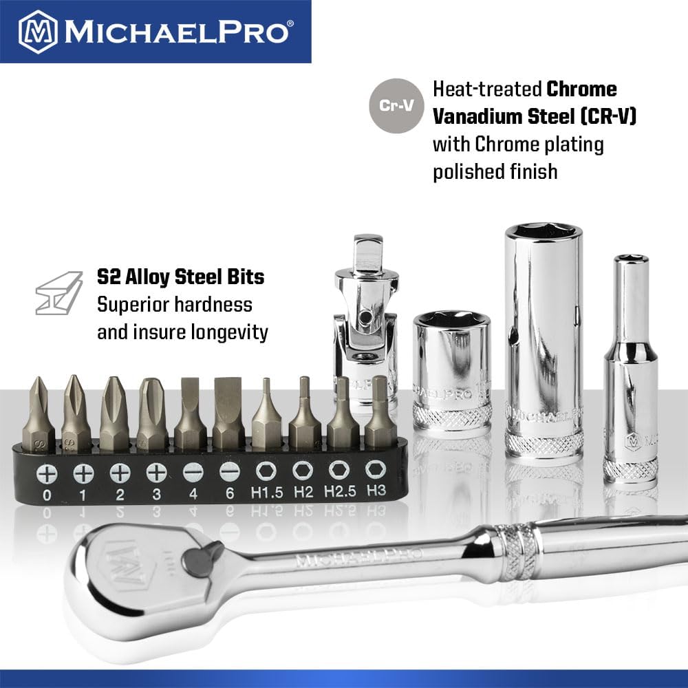MichaelPro 62-Piece 1/4'' Dr. Socket Set, 90-Tooth Standard & Deep Sockets, SAE 3/16''-1/2'' & Metric 4-12mm, CR-V Steel, 6-Point Design, with Ratchet, Extensions, Spinner Handle, 1/4' Bits | MP005059
