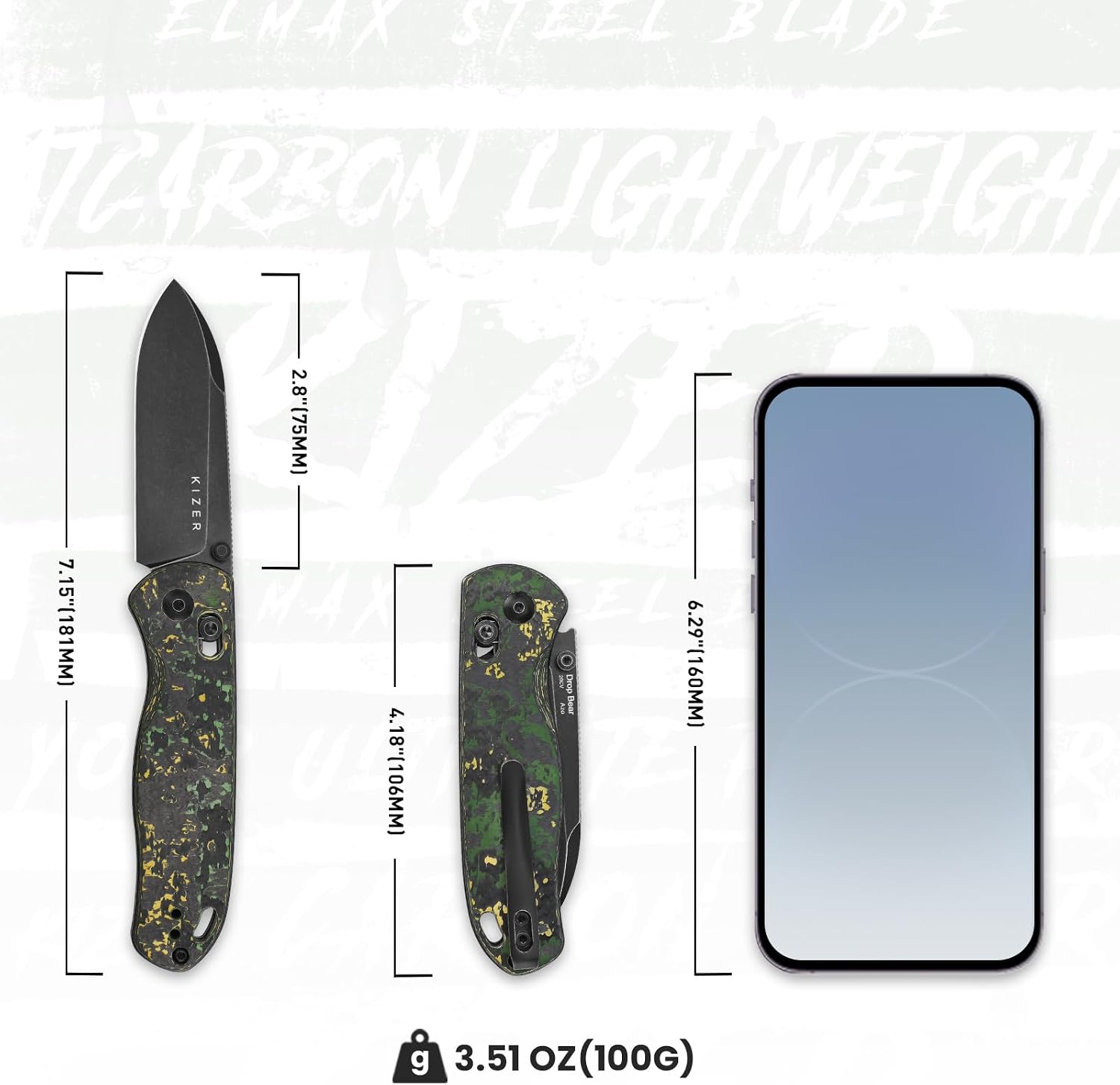 Kizer Drop Bear Pocket Knife, Folding Knife, 2.97' 20CV Steel Blade, Fatcarbon Carbon Fibre Handle, Folding Pocket Knife, EDC knife, Ki3619A1