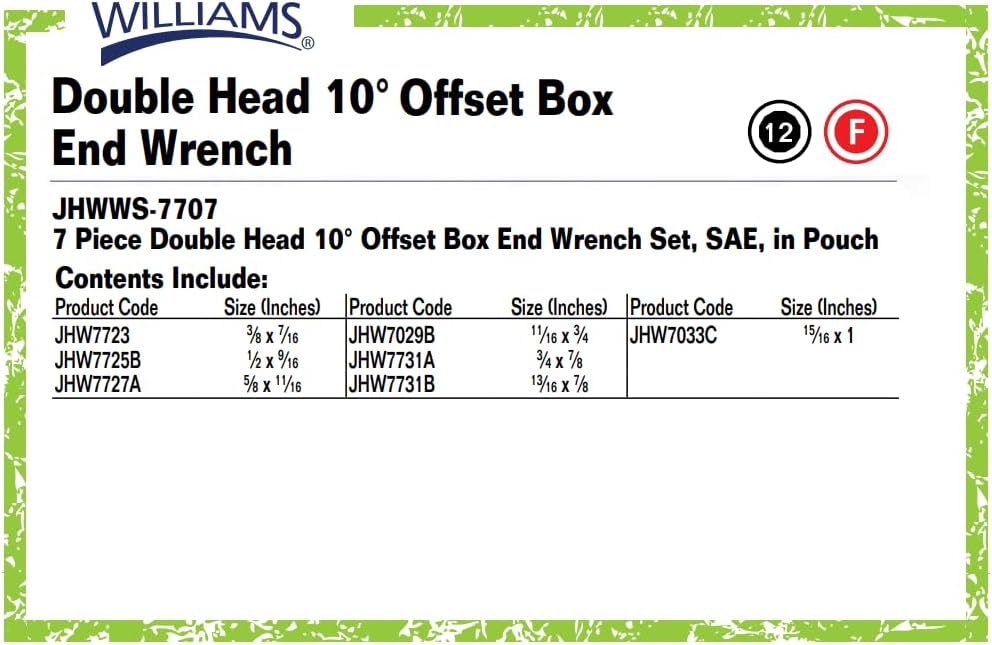 Williams WS-7707 7-Piece Double Head 10-Degree Offset Box End Wrench Set
