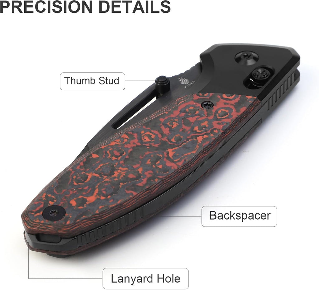 Kizer Bulli Pocket Knife, 3.33' Drop Point S45VN Folding Knife with Black & Red Titanium Fat Carbon Handle, Clutch Lock EDC Knives with Reversible Pocket Clip for Men Women Ki3695A3