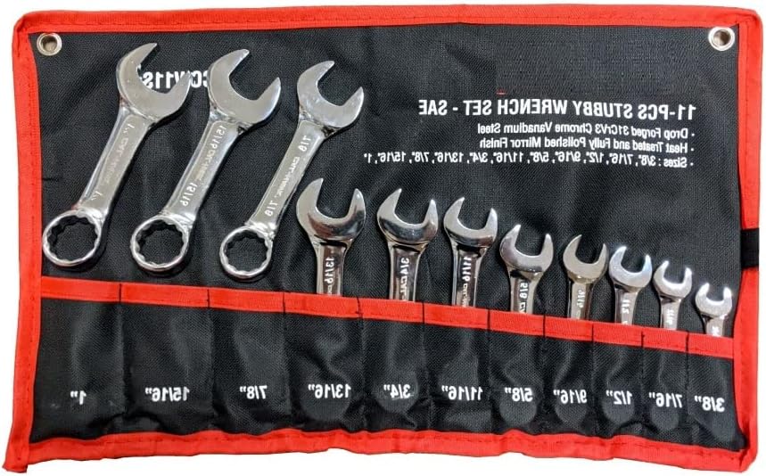 11 pc Stubby SAE midget Combination CRV Wrench Set 3/8'-1'