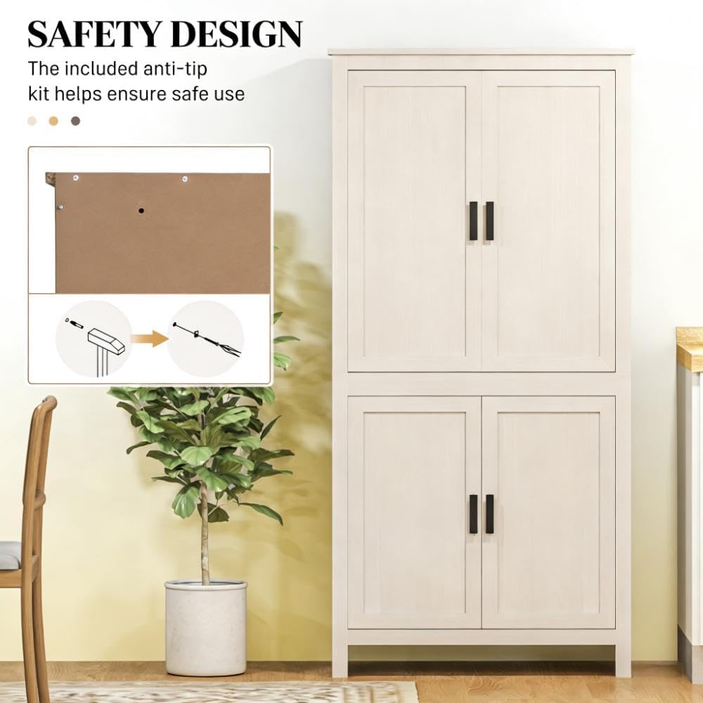64' Adjustable Shelves Freestanding Storage Cabinet, Kitchen Storage Bakers Rack with Anti-Tipping Design, Utility Food Cupboard with 5-Tier Shelving for Home Kitchen Dining Room, Antique White