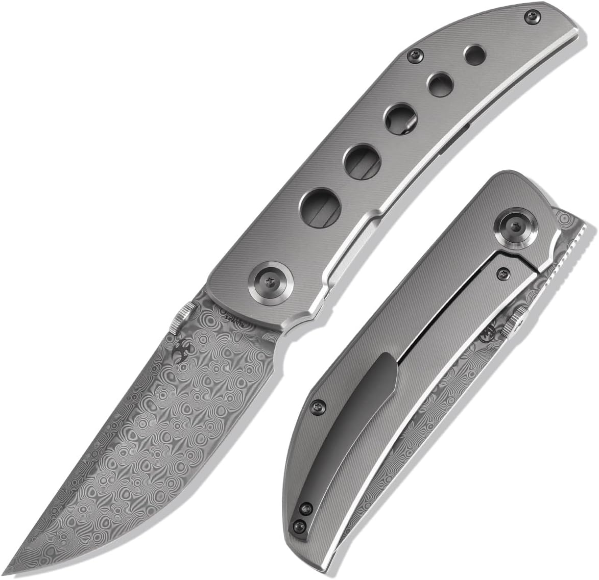 KANSEPT Tarkin Camping Pocket Knives for Men 7.87in Folding Pocket Knives with 3.42in Damascus Material and Bead Blasted Titanium with Holes Handle for Outdoor, Tactical, Survival K1078A5