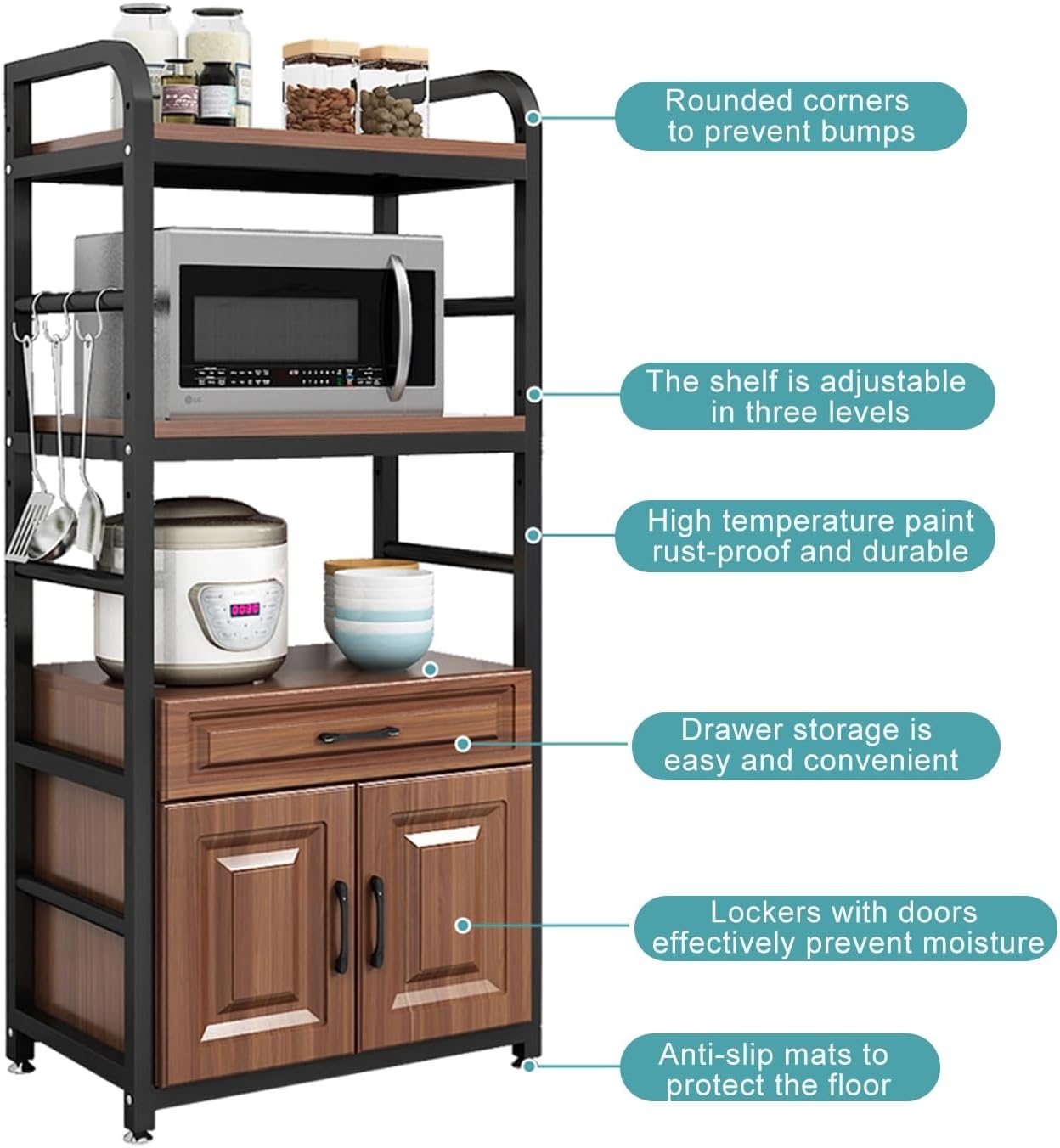 Multifunctional Kitchen Microwave Oven Stand with Storage Cabinet and Shelf Perfect for Living Room or Bedroom Large Size Black and White Color Scheme.