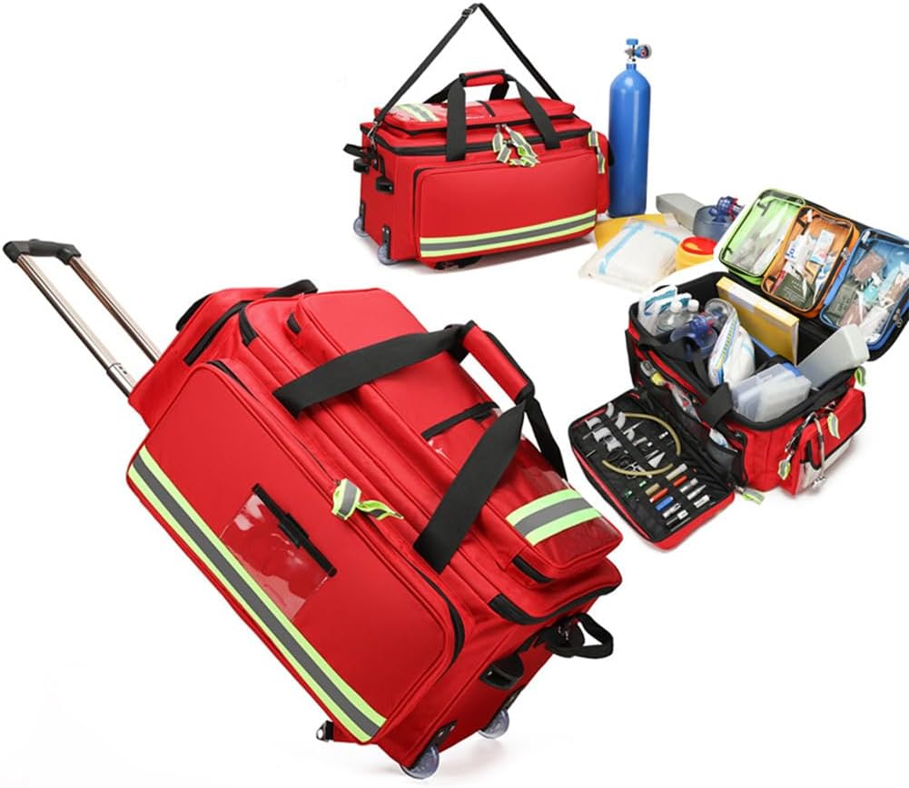 Rolling Medical Bag with Wheels, Large Capacity Empty First Aid Trolley Bag with Compartments, Portable Medical Kit for Nurses, Doctors, Home Health Care Emergency Use