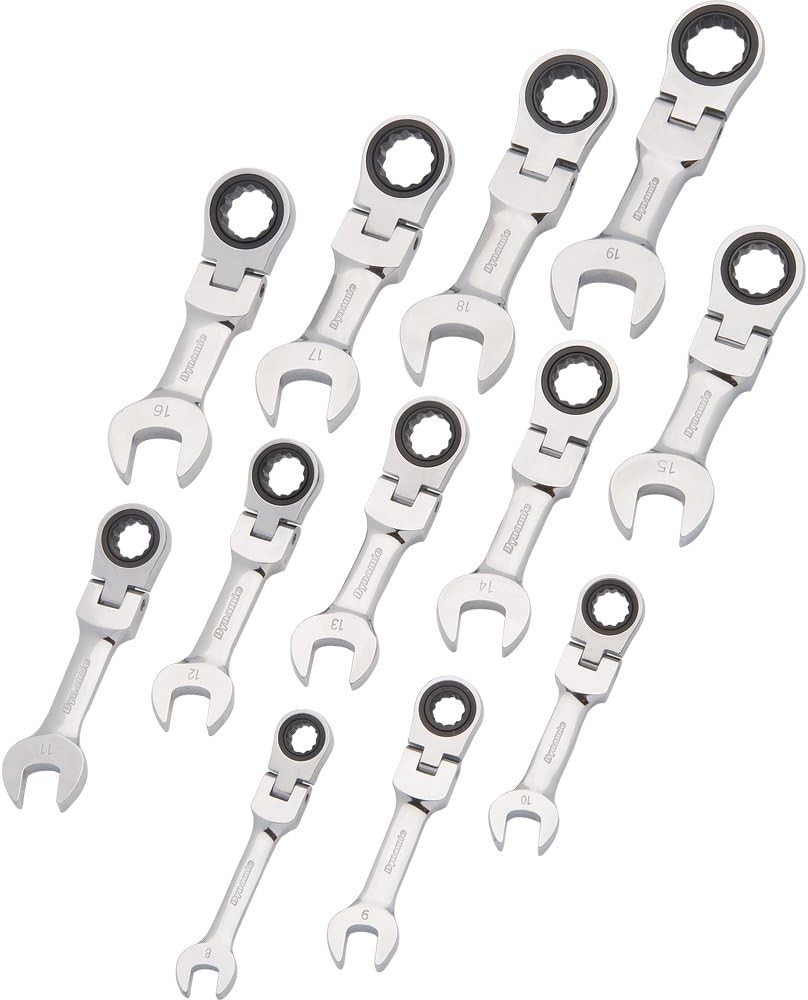 Dynamic Tools D076608 Metric Stubby Flex Head Combination Ratcheting Wrench Set (12 Piece), 8mm to 19mm