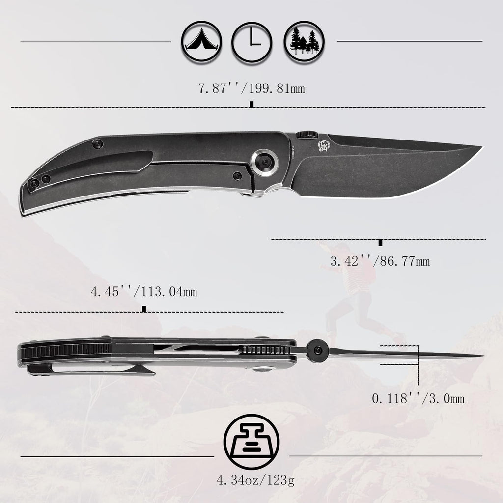 KANSEPT Tarkin Camping Pocket Knives for Men 7.87in Folding Pocket Knives with 3.42in Blackwash CPM 20CV Material and Blackwash Titanium Handle for Outdoor, Tactical, Survival K1078A2